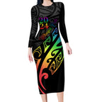 Personalised New Zealand Wellington Pride Long Sleeve Bodycon Dress Maori Fern with Pride Flag 2024