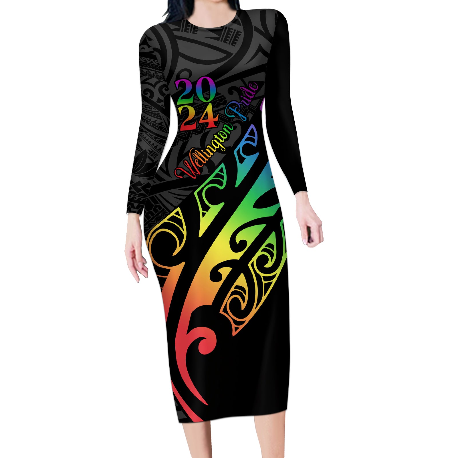 Personalised New Zealand Wellington Pride Long Sleeve Bodycon Dress Maori Fern with Pride Flag 2024