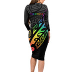Personalised New Zealand Wellington Pride Long Sleeve Bodycon Dress Maori Fern with Pride Flag 2024
