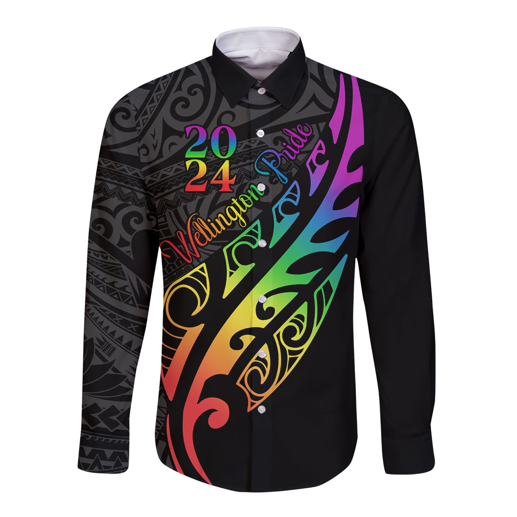 Personalised New Zealand Wellington Pride Long Sleeve Button Shirt Maori Fern with Pride Flag 2024