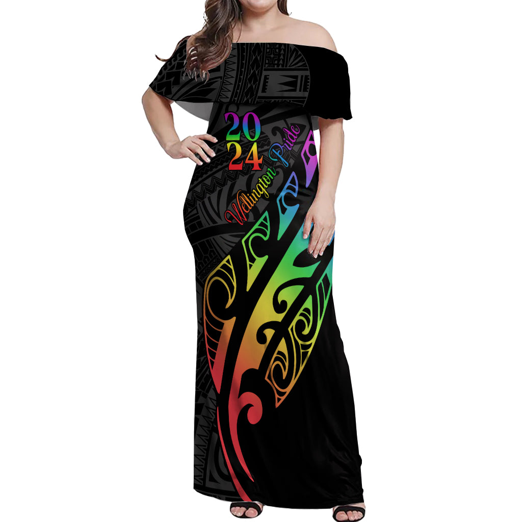 Personalised New Zealand Wellington Pride Off Shoulder Maxi Dress Maori Fern with Pride Flag 2024