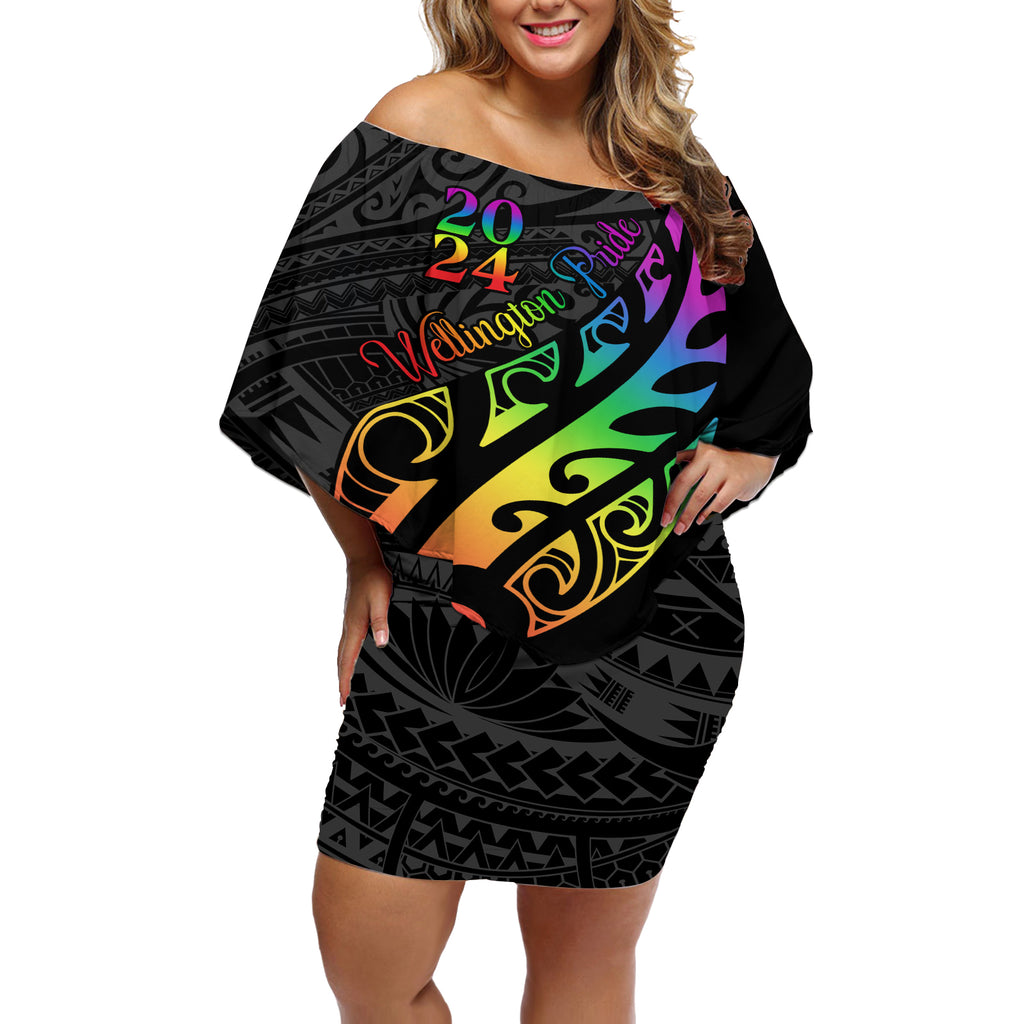 Personalised New Zealand Wellington Pride Off Shoulder Short Dress Maori Fern with Pride Flag 2024