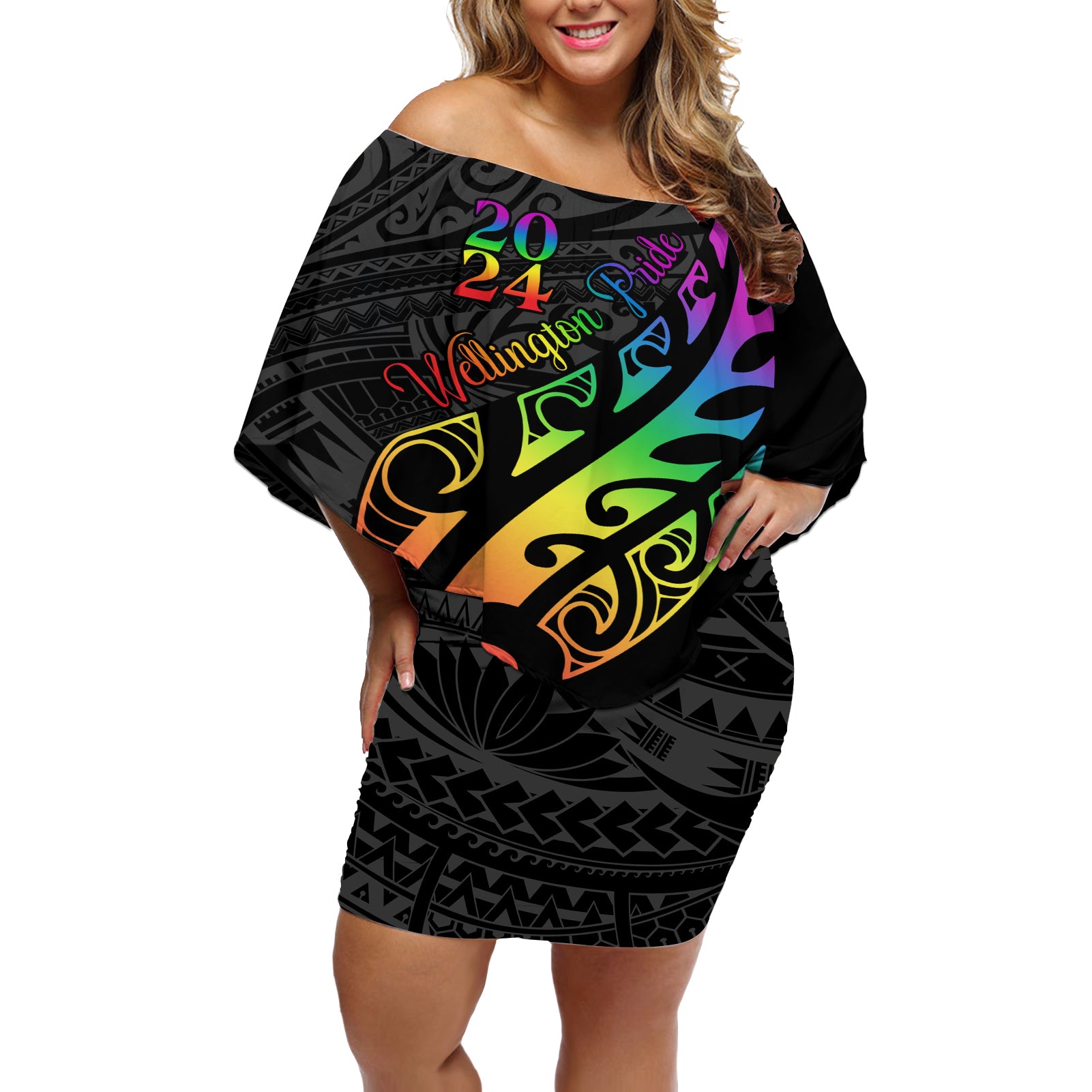 Personalised New Zealand Wellington Pride Off Shoulder Short Dress Maori Fern with Pride Flag 2024