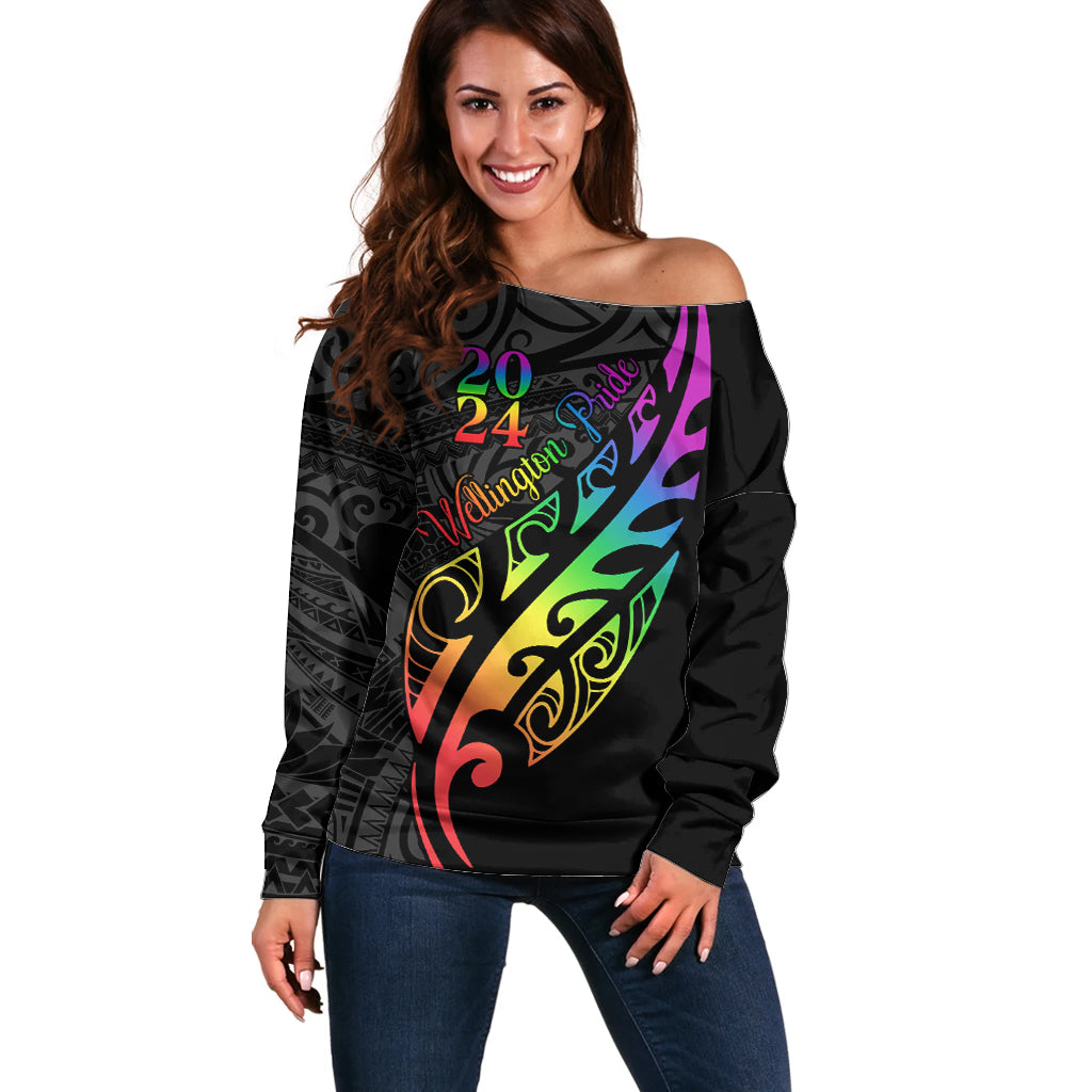 Personalised New Zealand Wellington Pride Off Shoulder Sweater Maori Fern with Pride Flag 2024