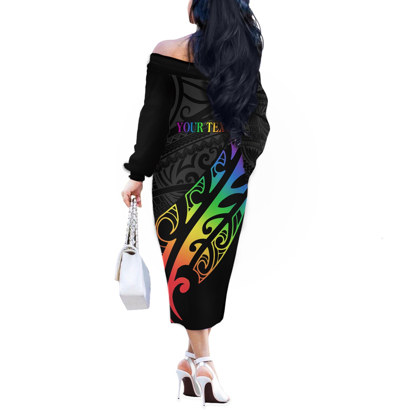 Personalised New Zealand Wellington Pride Off The Shoulder Long Sleeve Dress Maori Fern with Pride Flag 2024