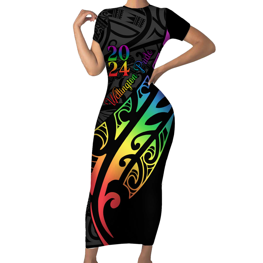 Personalised New Zealand Wellington Pride Short Sleeve Bodycon Dress Maori Fern with Pride Flag 2024