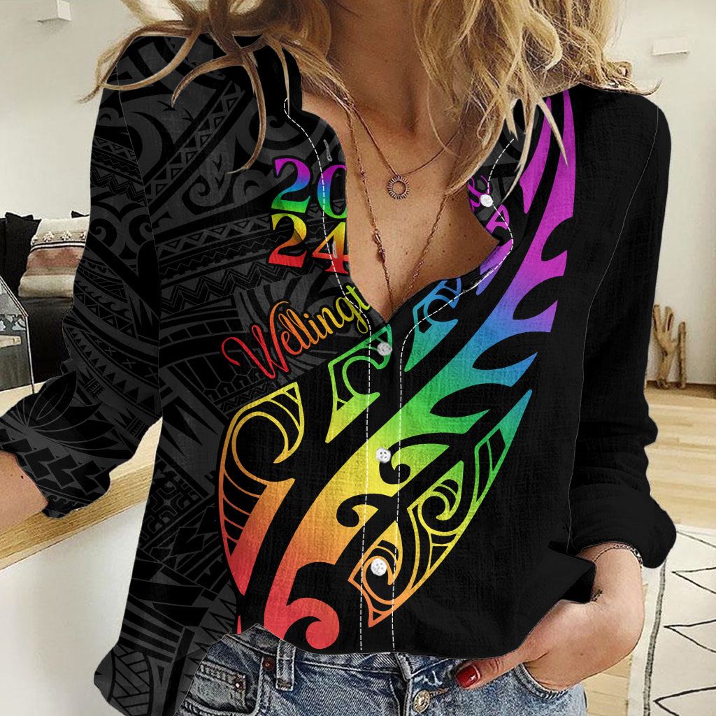 Personalised New Zealand Wellington Pride Women Casual Shirt Maori Fern with Pride Flag 2024