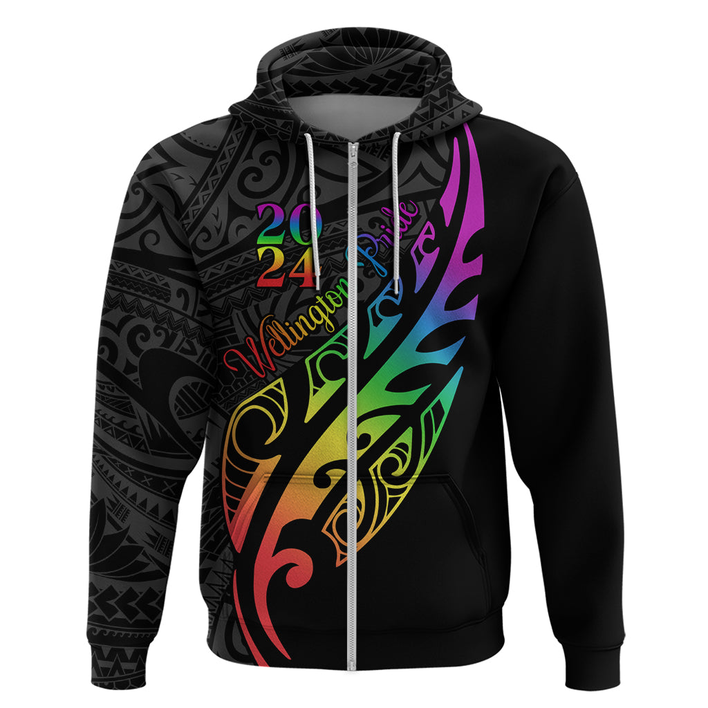 Personalised New Zealand Wellington Pride Zip Hoodie Maori Fern with Pride Flag 2024