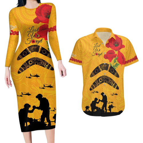Australia Matildas Soccer ANZAC Custom Couples Matching Long Sleeve Bodycon Dress and Hawaiian Shirt Gallipoli Soldier With Aboriginal Dots Art