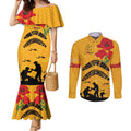 Australia Matildas Soccer ANZAC Custom Couples Matching Mermaid Dress and Long Sleeve Button Shirt Gallipoli Soldier With Aboriginal Dots Art