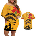 Australia Matildas Soccer ANZAC Custom Couples Matching Off Shoulder Short Dress and Hawaiian Shirt Gallipoli Soldier With Aboriginal Dots Art
