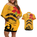 Australia Matildas Soccer ANZAC Custom Couples Matching Off Shoulder Short Dress and Hawaiian Shirt Gallipoli Soldier With Aboriginal Dots Art