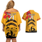 Australia Matildas Soccer ANZAC Custom Couples Matching Off Shoulder Short Dress and Hawaiian Shirt Gallipoli Soldier With Aboriginal Dots Art