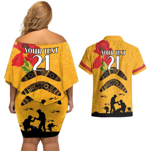 Australia Matildas Soccer ANZAC Custom Couples Matching Off Shoulder Short Dress and Hawaiian Shirt Gallipoli Soldier With Aboriginal Dots Art