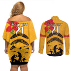 Australia Matildas Soccer ANZAC Custom Couples Matching Off Shoulder Short Dress and Long Sleeve Button Shirt Gallipoli Soldier With Aboriginal Dots Art