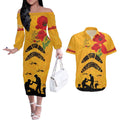 Australia Matildas Soccer ANZAC Custom Couples Matching Off The Shoulder Long Sleeve Dress and Hawaiian Shirt Gallipoli Soldier With Aboriginal Dots Art