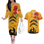 Australia Matildas Soccer ANZAC Custom Couples Matching Off The Shoulder Long Sleeve Dress and Hawaiian Shirt Gallipoli Soldier With Aboriginal Dots Art