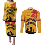 Australia Matildas Soccer ANZAC Custom Couples Matching Puletasi and Long Sleeve Button Shirt Gallipoli Soldier With Aboriginal Dots Art