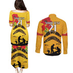 Australia Matildas Soccer ANZAC Custom Couples Matching Puletasi and Long Sleeve Button Shirt Gallipoli Soldier With Aboriginal Dots Art
