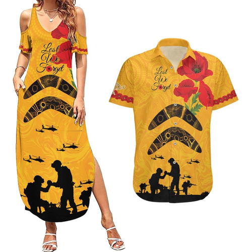 Australia Matildas Soccer ANZAC Custom Couples Matching Summer Maxi Dress and Hawaiian Shirt Gallipoli Soldier With Aboriginal Dots Art
