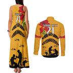 Australia Matildas Soccer ANZAC Custom Couples Matching Tank Maxi Dress and Long Sleeve Button Shirt Gallipoli Soldier With Aboriginal Dots Art