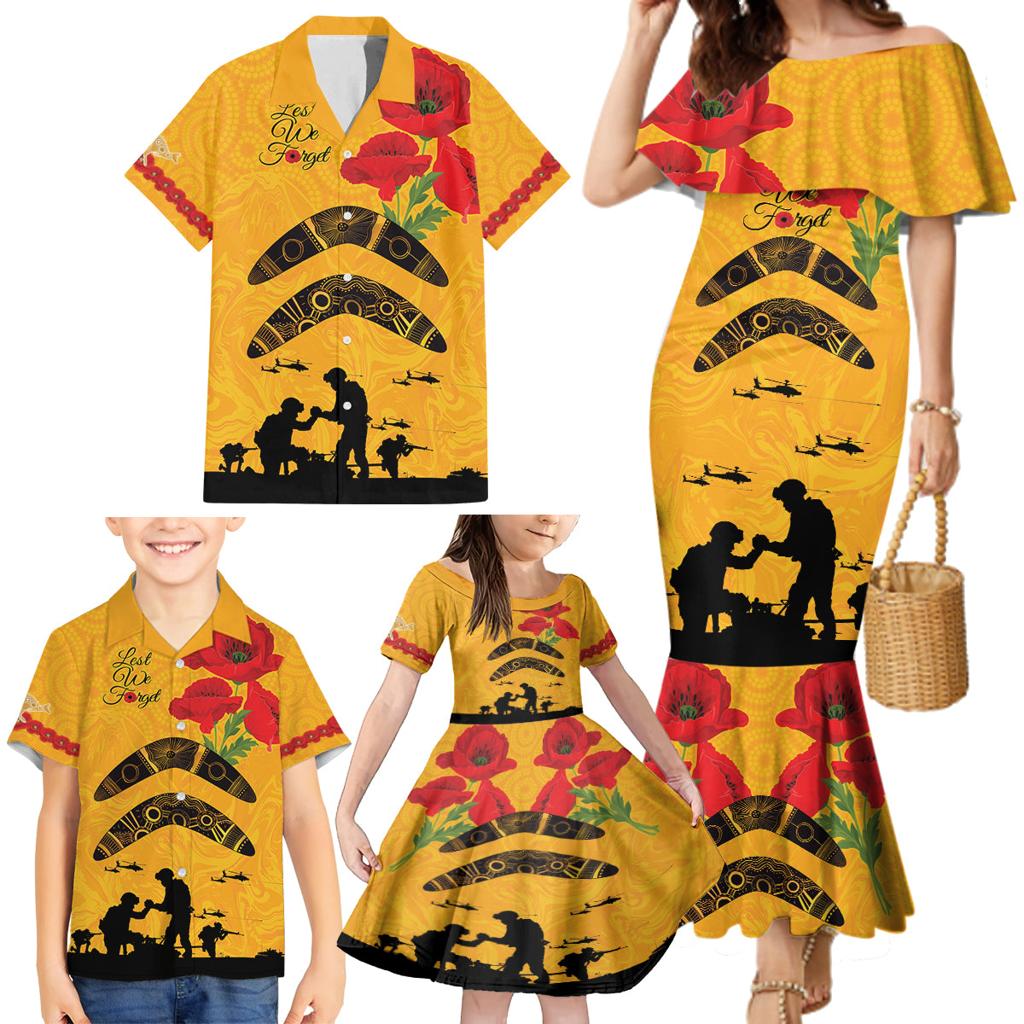 Australia Matildas Soccer ANZAC Custom Family Matching Mermaid Dress and Hawaiian Shirt Gallipoli Soldier With Aboriginal Dots Art