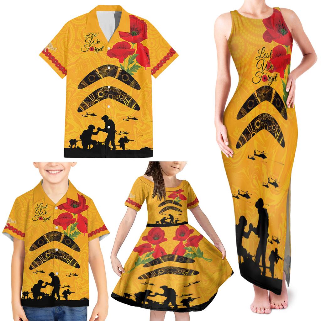 Australia Matildas Soccer ANZAC Custom Family Matching Tank Maxi Dress and Hawaiian Shirt Gallipoli Soldier With Aboriginal Dots Art