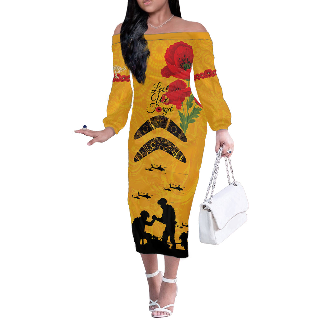 Australia Matildas Soccer ANZAC Custom Off The Shoulder Long Sleeve Dress Gallipoli Soldier With Aboriginal Dots Art