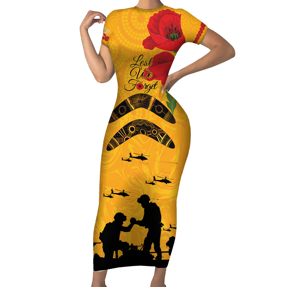 Australia Matildas Soccer ANZAC Custom Short Sleeve Bodycon Dress Gallipoli Soldier With Aboriginal Dots Art