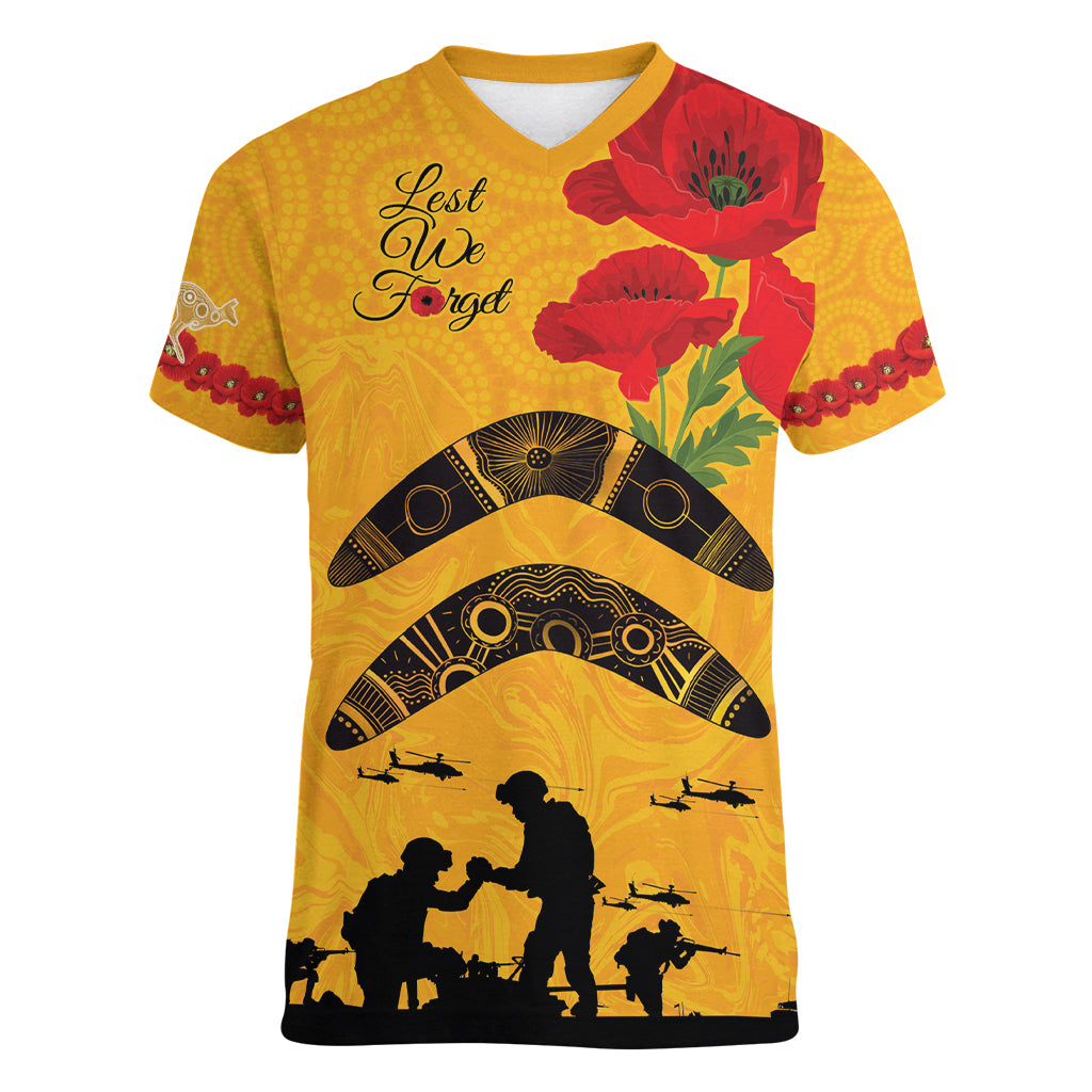 Australia Matildas Soccer ANZAC Custom Women V Neck T Shirt Gallipoli Soldier With Aboriginal Dots Art