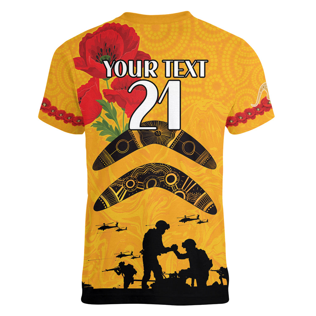 Australia Matildas Soccer ANZAC Custom Women V Neck T Shirt Gallipoli Soldier With Aboriginal Dots Art