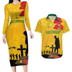 Australia Socceroos Soccer ANZAC Custom Couples Matching Long Sleeve Bodycon Dress and Hawaiian Shirt Gallipoli Soldier With Camouflage Art