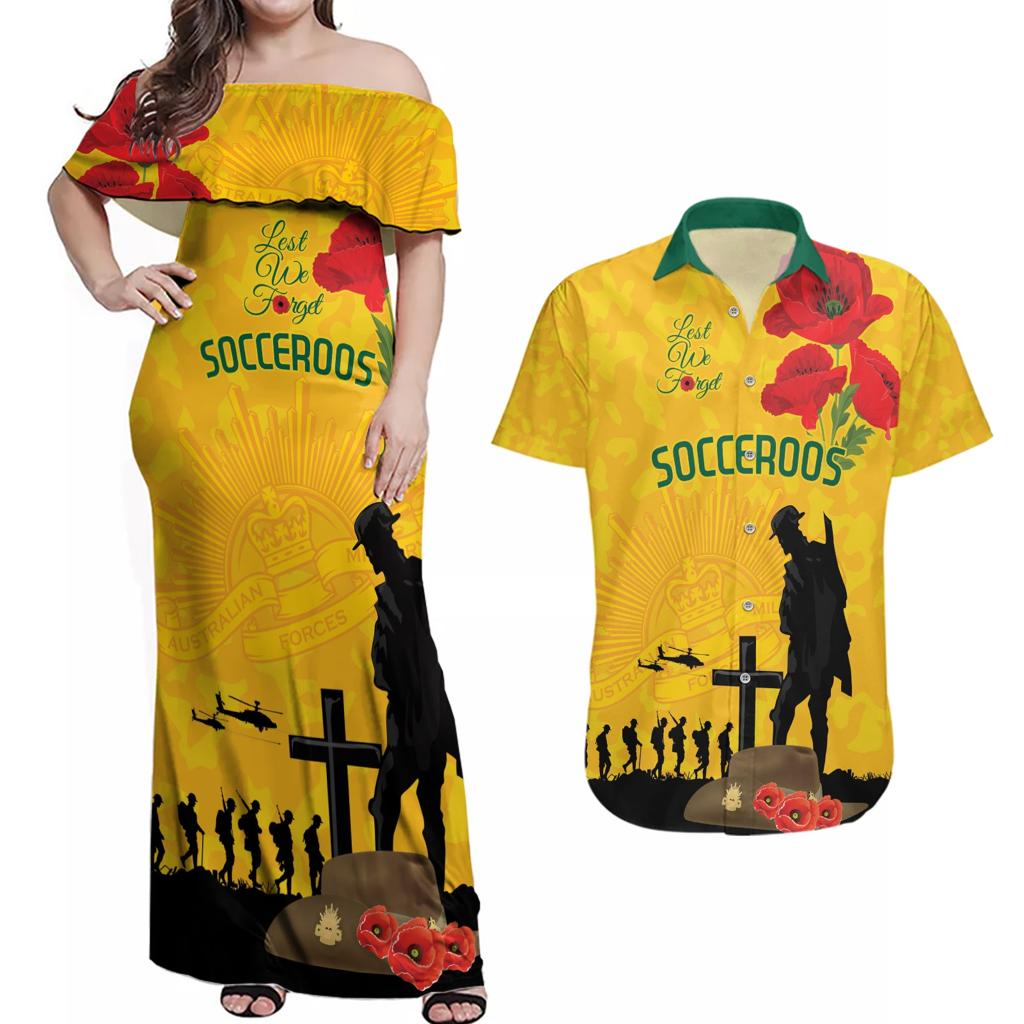 Australia Socceroos Soccer ANZAC Custom Couples Matching Off Shoulder Maxi Dress and Hawaiian Shirt Gallipoli Soldier With Camouflage Art