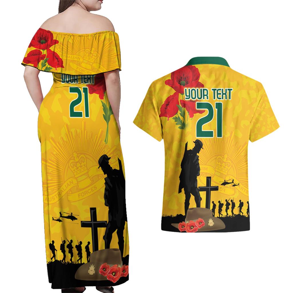 Australia Socceroos Soccer ANZAC Custom Couples Matching Off Shoulder Maxi Dress and Hawaiian Shirt Gallipoli Soldier With Camouflage Art