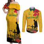 Australia Socceroos Soccer ANZAC Custom Couples Matching Off Shoulder Maxi Dress and Long Sleeve Button Shirt Gallipoli Soldier With Camouflage Art