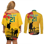 Australia Socceroos Soccer ANZAC Custom Couples Matching Off Shoulder Short Dress and Long Sleeve Button Shirt Gallipoli Soldier With Camouflage Art