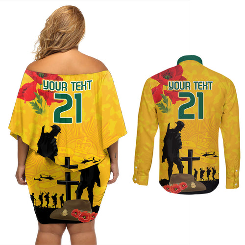 Australia Socceroos Soccer ANZAC Custom Couples Matching Off Shoulder Short Dress and Long Sleeve Button Shirt Gallipoli Soldier With Camouflage Art