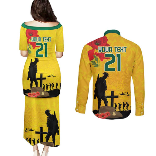 Australia Socceroos Soccer ANZAC Custom Couples Matching Puletasi and Long Sleeve Button Shirt Gallipoli Soldier With Camouflage Art