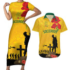 Australia Socceroos Soccer ANZAC Custom Couples Matching Short Sleeve Bodycon Dress and Hawaiian Shirt Gallipoli Soldier With Camouflage Art