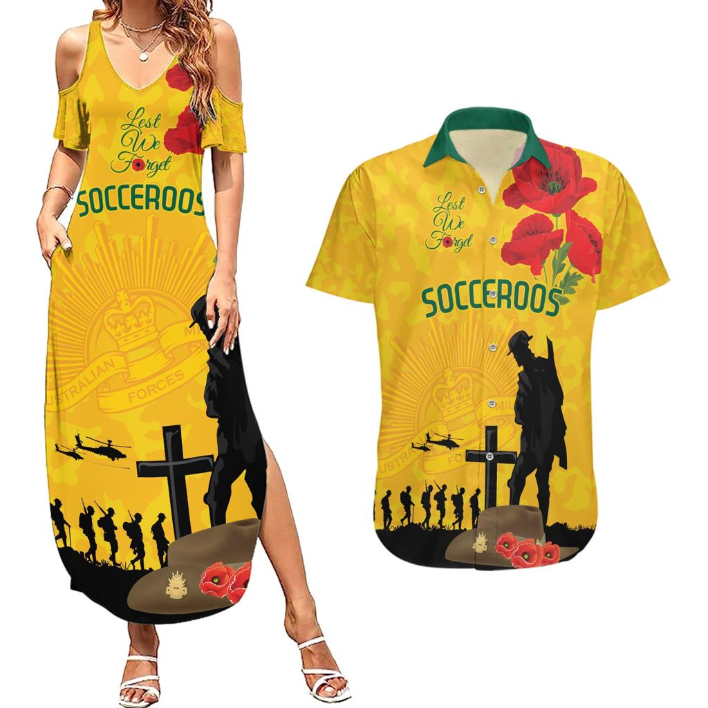 Australia Socceroos Soccer ANZAC Custom Couples Matching Summer Maxi Dress and Hawaiian Shirt Gallipoli Soldier With Camouflage Art