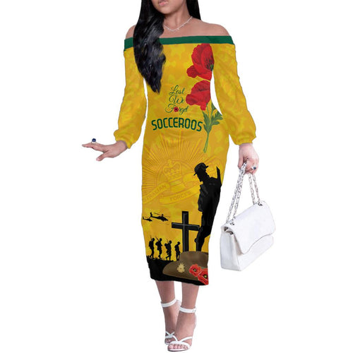 Australia Socceroos Soccer ANZAC Custom Family Matching Off Shoulder Long Sleeve Dress and Hawaiian Shirt Gallipoli Soldier With Camouflage Art