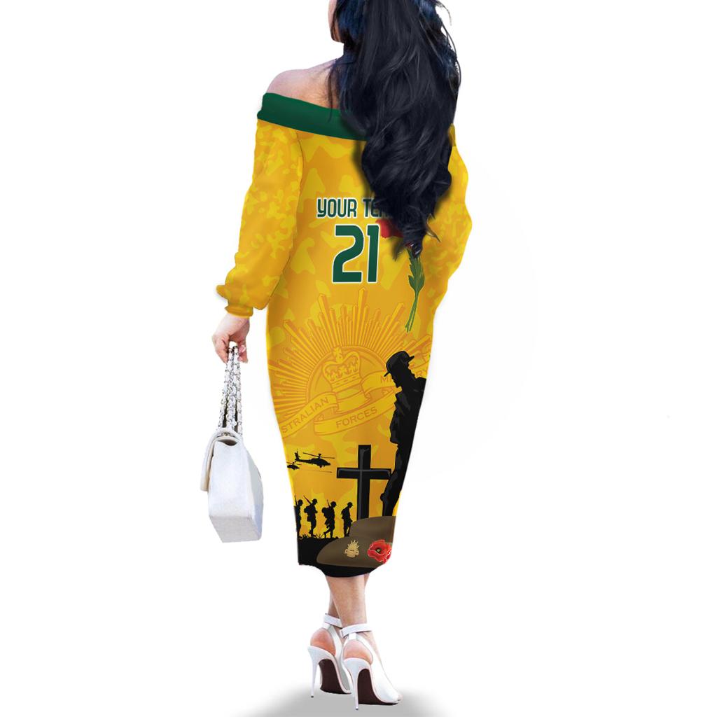 Australia Socceroos Soccer ANZAC Custom Family Matching Off Shoulder Long Sleeve Dress and Hawaiian Shirt Gallipoli Soldier With Camouflage Art