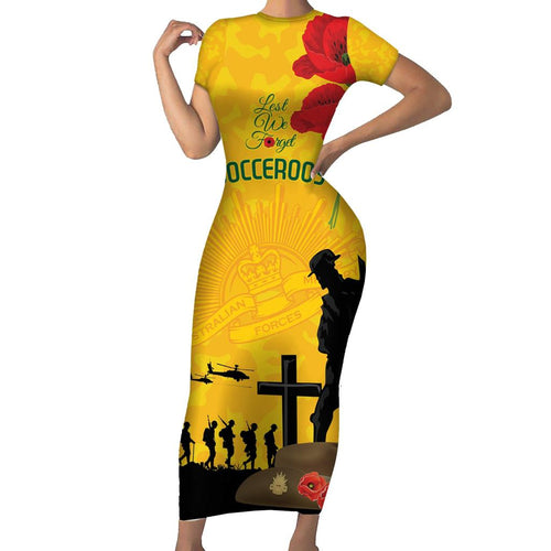 Australia Socceroos Soccer ANZAC Custom Family Matching Short Sleeve Bodycon Dress and Hawaiian Shirt Gallipoli Soldier With Camouflage Art