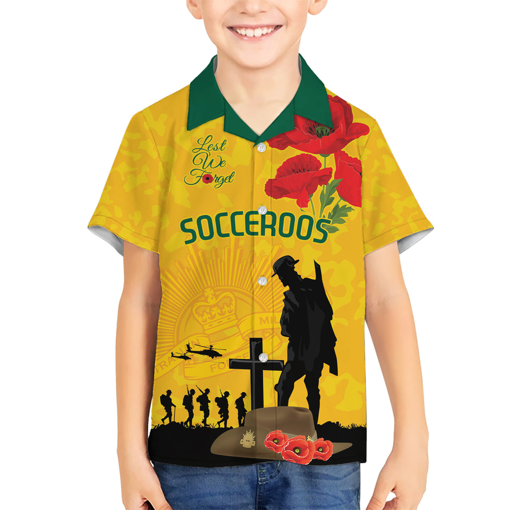 Australia Socceroos Soccer ANZAC Custom Kid Hawaiian Shirt Gallipoli Soldier With Camouflage Art