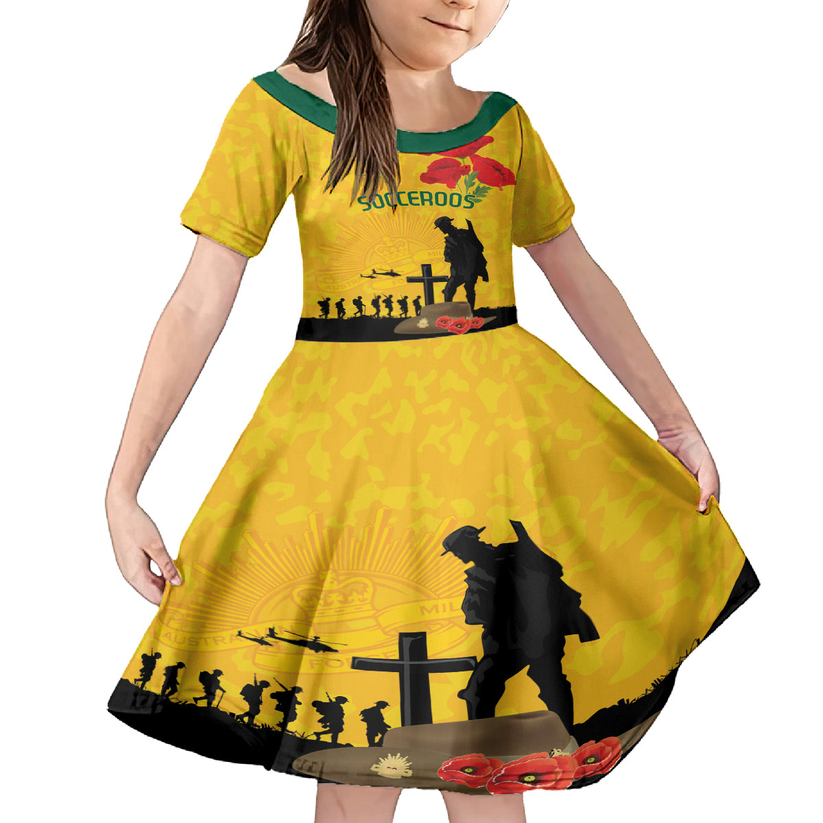 Australia Socceroos Soccer ANZAC Custom Kid Short Sleeve Dress Gallipoli Soldier With Camouflage Art