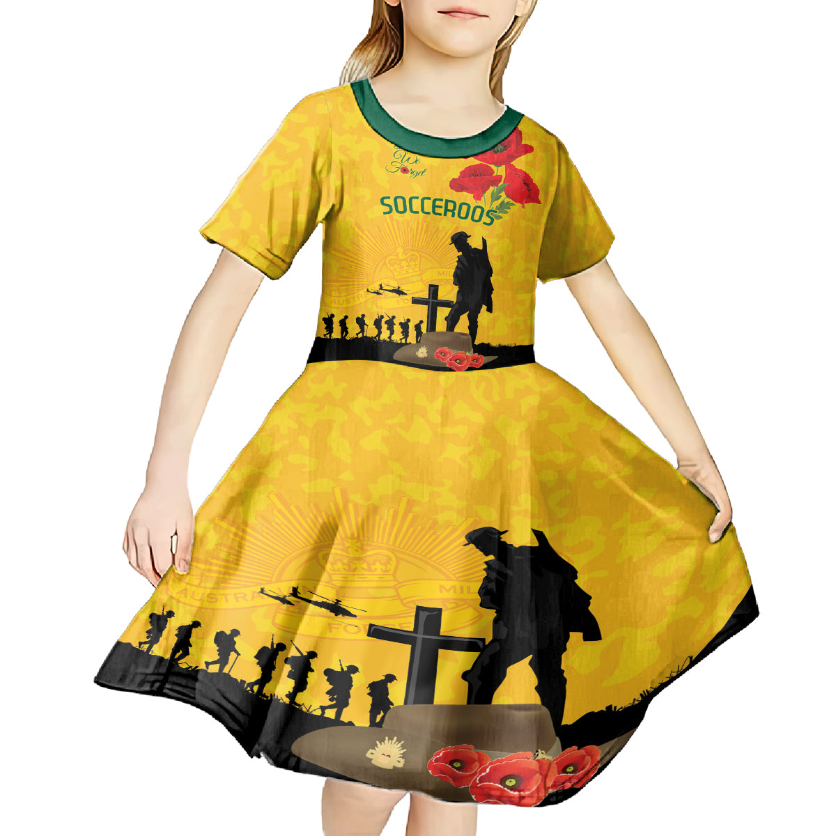 Australia Socceroos Soccer ANZAC Custom Kid Short Sleeve Dress Gallipoli Soldier With Camouflage Art