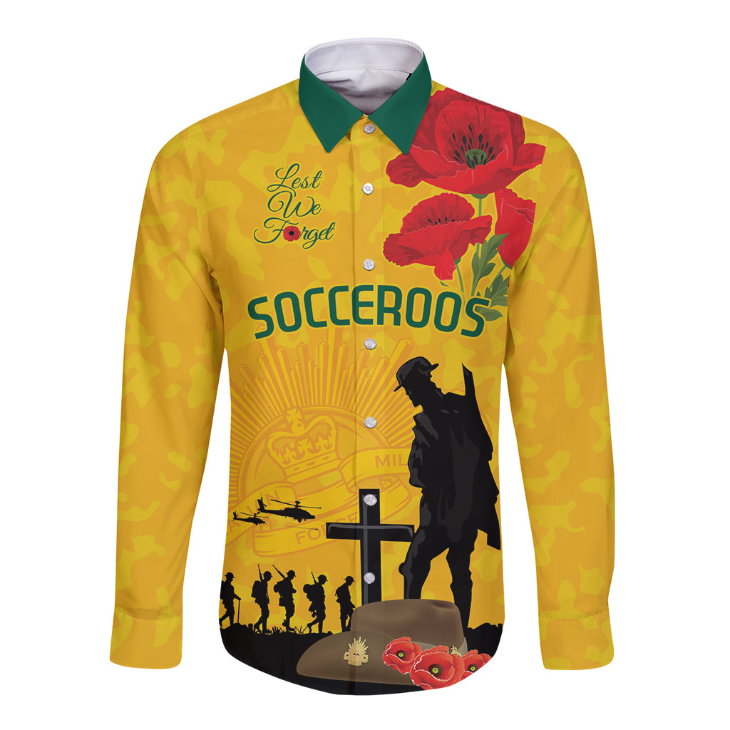 Australia Socceroos Soccer ANZAC Custom Long Sleeve Button Shirt Gallipoli Soldier With Camouflage Art