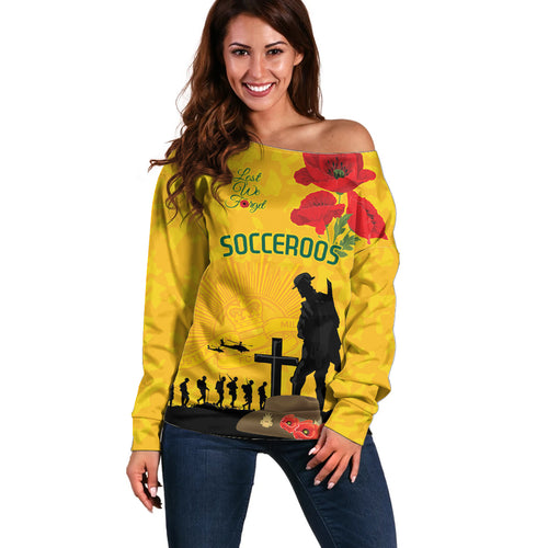 Australia Socceroos Soccer ANZAC Custom Off Shoulder Sweater Gallipoli Soldier With Camouflage Art