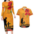 Australia Wallabies Rugby ANZAC Custom Couples Matching Long Sleeve Bodycon Dress and Hawaiian Shirt Gallipoli Soldier With Aboriginal Dots Art