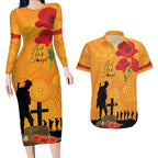 Australia Wallabies Rugby ANZAC Custom Couples Matching Long Sleeve Bodycon Dress and Hawaiian Shirt Gallipoli Soldier With Aboriginal Dots Art